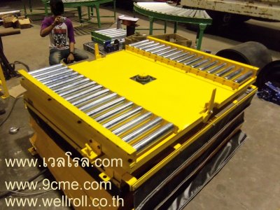 โต๊ะยก-หมุน พร้อมรางลูกกลิ้ง (table lifter with free roller conveyor on turntable)