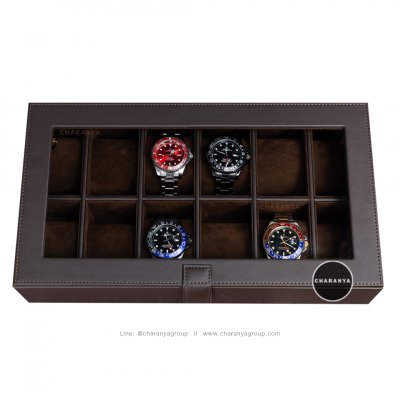 กล่องใส่นาฬิกา 12 เรือน Premium 12 Slots Watches Box Organizer  กล่องสะสมนาฬิกา หมอนนิ่ม รองรับหน้าปัด 50มม. ใส่นาฬิกาเรือนใหญ่ได้ กล่องนาฬิกาสีน้ำตาล สีช้อค