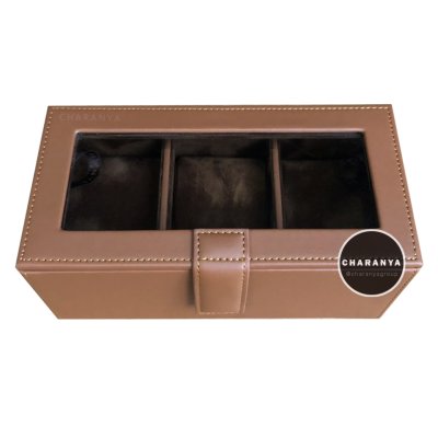 3 PIECE WATCH BOX STORAGE ORGANIZER กล่องนาฬิกา 3 เรือน หมอน 2 ชั้น 2in1 หุ้มหนังอย่างดี งานสวยหรู เกรดพรีเมี่ยม สีแทนฺ สีน้ำตาล สีเบจ  Brown