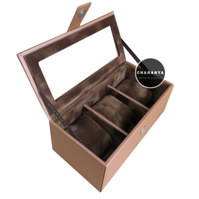 3 PIECE WATCH BOX STORAGE ORGANIZER กล่องนาฬิกา 3 เรือน หมอน 2 ชั้น 2in1 หุ้มหนังอย่างดี งานสวยหรู เกรดพรีเมี่ยม สีแทนฺ สีน้ำตาล สีเบจ  Brown