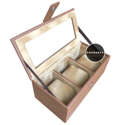 3 PIECE WATCH BOX STORAGE ORGANIZER กล่องนาฬิกา 3 เรือน หมอน 2 ชั้น 2in1 หุ้มหนังอย่างดี งานสวยหรู เกรดพรีเมี่ยม สีแทนฺ สีน้ำตาล สีเบจ  Brown