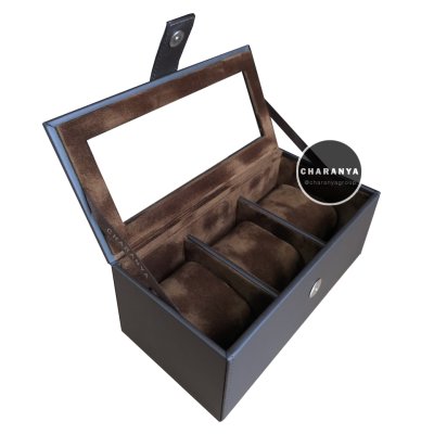 3 PIECE WATCH BOX STORAGE ORGANIZER กล่องนาฬิกา 3 เรือน หมอน 2 ชั้น 2in1 หุ้มหนังอย่างดี งานสวยหรู เกรดพรีเมี่ยม สีช้อคโกแลต สีน้ำตาลเข้ม สีน้ำตาล สีช็อค  Choc Dark Brown