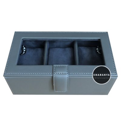 3 PIECE WATCH BOX STORAGE ORGANIZER กล่องนาฬิกา 3 เรือน หมอน 2 ชั้น 2in1 หุ้มหนังอย่างดี งานสวยหรู เกรดพรีเมี่ยม สีเทา สีกรม Gray Greyy