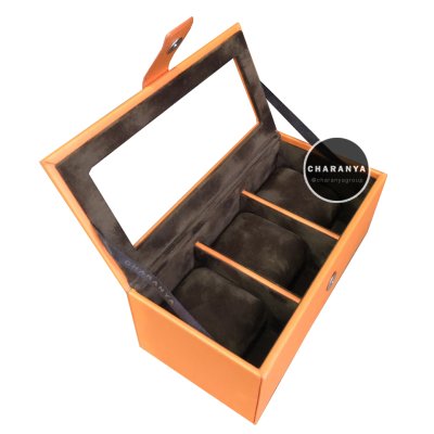 3 PIECE WATCH BOX STORAGE ORGANIZER กล่องนาฬิกา 3 เรือน หมอน 2 ชั้น 2in1 หุ้มหนังอย่างดี งานสวยหรู เกรดพรีเมี่ยม สีส้ม Orange