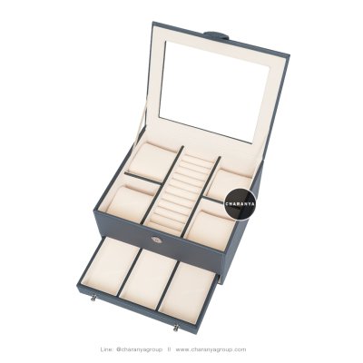 Watch and Rings Box Storage Organizer กล่องนาฬิกา กล่องเครื่องประดับ 2 ชั้น ลิ้นชัก เกรดอย่างดี สวยพรีเมี่ยม วัสดุดี Gray Grey  สีเทา