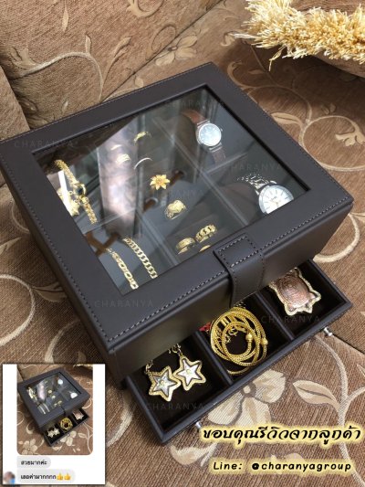 Review รีวิว Watch and Rings Box Storage Organizer กล่องนาฬิกา กล่องเครื่องประดับ 2 ชั้น ลิ้นชัก เกรดอย่างดี สวยพรีเมี่ยม วัสดุดี Orannge สีส้ม 