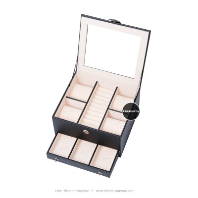 Watch and Rings Box Storage Organizer กล่องนาฬิกา กล่องเครื่องประดับ 2 ชั้น ลิ้นชัก เกรดอย่างดี สวยพรีเมี่ยม วัสดุดี Black  สีดำ