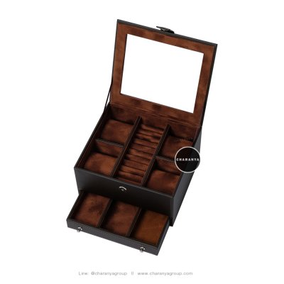 Watch and Rings Box Storage Organizer กล่องนาฬิกา กล่องเครื่องประดับ 2 ชั้น ลิ้นชัก เกรดอย่างดี สวยพรีเมี่ยม วัสดุดี Dark Brown Choc สีช้อค สีช็อค