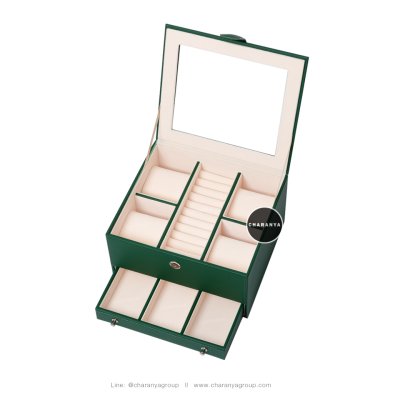 Watch and Rings Box Storage Organizer กล่องนาฬิกา กล่องเครื่องประดับ 2 ชั้น ลิ้นชัก เกรดอย่างดี สวยพรีเมี่ยม วัสดุดี Green สีเขียว