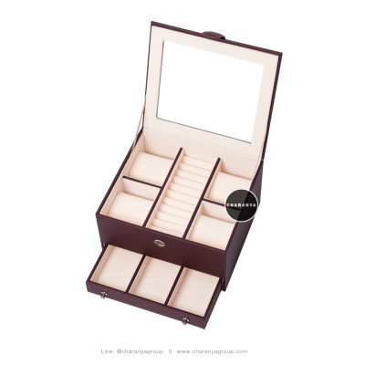 Watch and Rings Box Storage Organizer กล่องนาฬิกา กล่องเครื่องประดับ 2 ชั้น ลิ้นชัก เกรดอย่างดี สวยพรีเมี่ยม วัสดุดี Red สีแดง