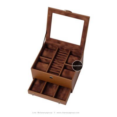 Watch and Rings Box Storage Organizer กล่องนาฬิกา กล่องเครื่องประดับ 2 ชั้น ลิ้นชัก เกรดอย่างดี สวยพรีเมี่ยม วัสดุดี Brown  สีน้ำตาล สีแทน