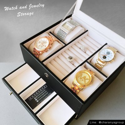 Watch and Rings Box Storage Organizer กล่องนาฬิกา กล่องเครื่องประดับ 2 ชั้น ลิ้นชัก เกรดอย่างดี สวยพรีเมี่ยม วัสดุดี Black  สีดำ