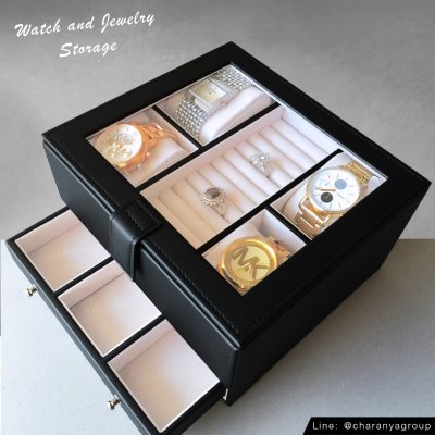 Watch and Rings Box Storage Organizer กล่องนาฬิกา กล่องเครื่องประดับ 2 ชั้น ลิ้นชัก เกรดอย่างดี สวยพรีเมี่ยม วัสดุดี Black  สีดำ