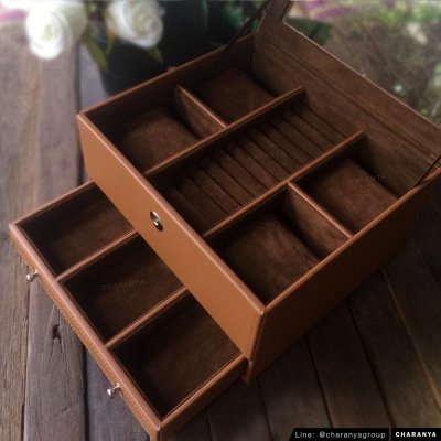Watch and Rings Box Storage Organizer กล่องนาฬิกา กล่องเครื่องประดับ 2 ชั้น ลิ้นชัก เกรดอย่างดี สวยพรีเมี่ยม วัสดุดี Brown  สีน้ำตาล สีแทน