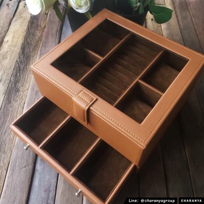 Watch and Rings Box Storage Organizer กล่องนาฬิกา กล่องเครื่องประดับ 2 ชั้น ลิ้นชัก เกรดอย่างดี สวยพรีเมี่ยม วัสดุดี Brown  สีน้ำตาล สีแทน