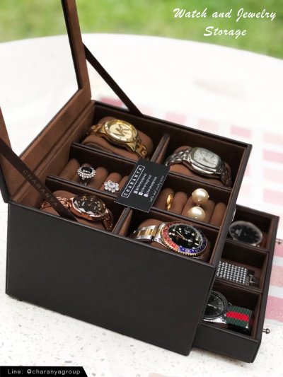 Watch and Rings Box Storage Organizer กล่องนาฬิกา กล่องเครื่องประดับ 2 ชั้น ลิ้นชัก เกรดอย่างดี สวยพรีเมี่ยม วัสดุดี Choc สีช้อค สีช็อค