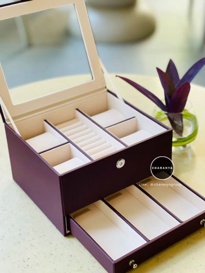 Watch and Rings Box Storage Organizer กล่องนาฬิกา กล่องเครื่องประดับ 2 ชั้น ลิ้นชัก เกรดอย่างดี สวยพรีเมี่ยม วัสดุดี Red สีแดง