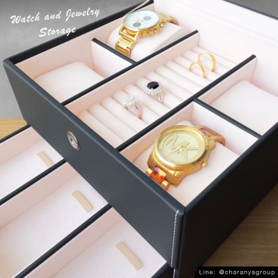 Watch and Rings Box Storage Organizer กล่องนาฬิกา กล่องเครื่องประดับ 2 ชั้น ลิ้นชัก เกรดอย่างดี สวยพรีเมี่ยม วัสดุดี Gray Grey  สีเทา