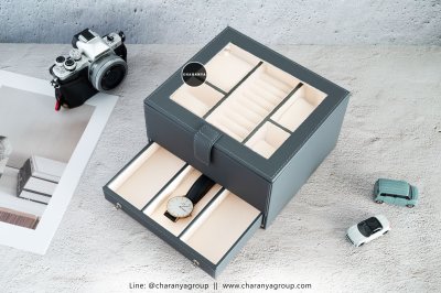 Watch and Rings Box Storage Organizer กล่องนาฬิกา กล่องเครื่องประดับ 2 ชั้น ลิ้นชัก เกรดอย่างดี สวยพรีเมี่ยม วัสดุดี Gray Grey  สีเทา