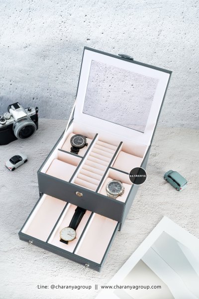 Watch and Rings Box Storage Organizer กล่องนาฬิกา กล่องเครื่องประดับ 2 ชั้น ลิ้นชัก เกรดอย่างดี สวยพรีเมี่ยม วัสดุดี Gray Grey  สีเทา