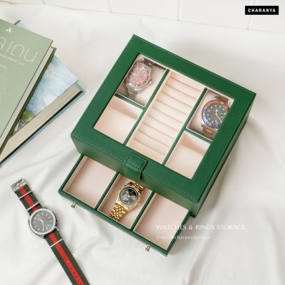 Watch and Rings Box Storage Organizer กล่องนาฬิกา กล่องเครื่องประดับ 2 ชั้น ลิ้นชัก เกรดอย่างดี สวยพรีเมี่ยม วัสดุดี Green สีเขียว