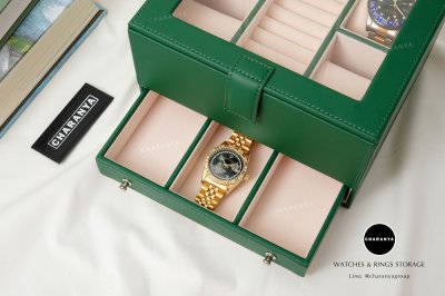 Watch and Rings Box Storage Organizer กล่องนาฬิกา กล่องเครื่องประดับ 2 ชั้น ลิ้นชัก เกรดอย่างดี สวยพรีเมี่ยม วัสดุดี Green สีเขียว