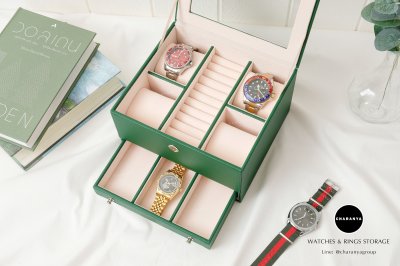 Watch and Rings Box Storage Organizer กล่องนาฬิกา กล่องเครื่องประดับ 2 ชั้น ลิ้นชัก เกรดอย่างดี สวยพรีเมี่ยม วัสดุดี Green สีเขียว