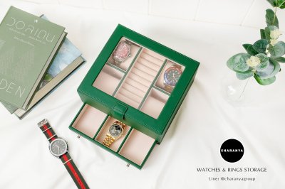 Watch and Rings Box Storage Organizer กล่องนาฬิกา กล่องเครื่องประดับ 2 ชั้น ลิ้นชัก เกรดอย่างดี สวยพรีเมี่ยม วัสดุดี Green สีเขียว