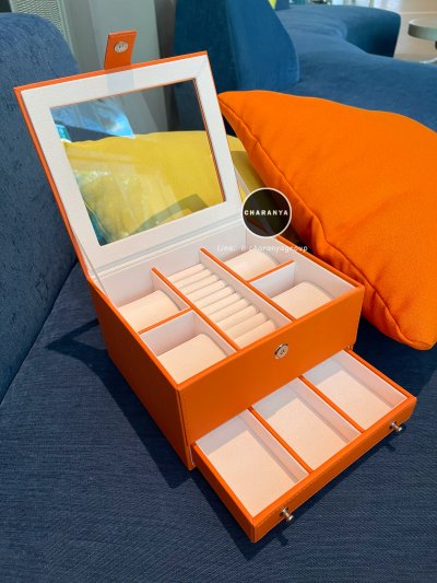 Watch and Rings Box Storage Organizer กล่องนาฬิกา กล่องเครื่องประดับ 2 ชั้น ลิ้นชัก เกรดอย่างดี สวยพรีเมี่ยม วัสดุดี Orannge สีส้ม 