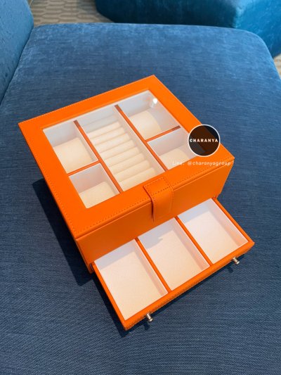 Watch and Rings Box Storage Organizer กล่องนาฬิกา กล่องเครื่องประดับ 2 ชั้น ลิ้นชัก เกรดอย่างดี สวยพรีเมี่ยม วัสดุดี Orannge สีส้ม 