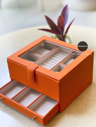 Watch and Rings Box Storage Organizer กล่องนาฬิกา กล่องเครื่องประดับ 2 ชั้น ลิ้นชัก เกรดอย่างดี สวยพรีเมี่ยม วัสดุดี Orannge สีส้ม 
