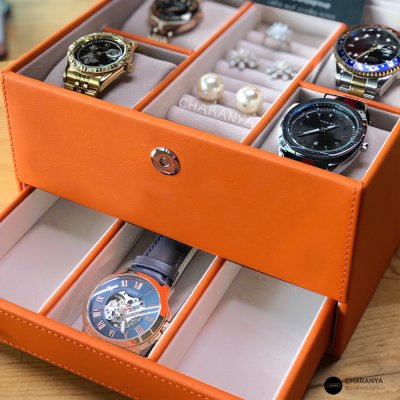 Watch and Rings Box Storage Organizer กล่องนาฬิกา กล่องเครื่องประดับ 2 ชั้น ลิ้นชัก เกรดอย่างดี สวยพรีเมี่ยม วัสดุดี Orannge สีส้ม 
