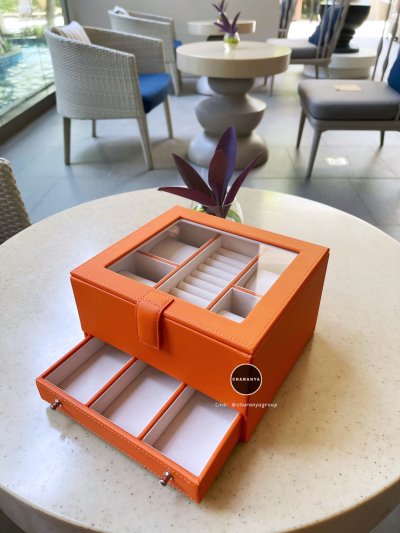 Watch and Rings Box Storage Organizer กล่องนาฬิกา กล่องเครื่องประดับ 2 ชั้น ลิ้นชัก เกรดอย่างดี สวยพรีเมี่ยม วัสดุดี Orannge สีส้ม 