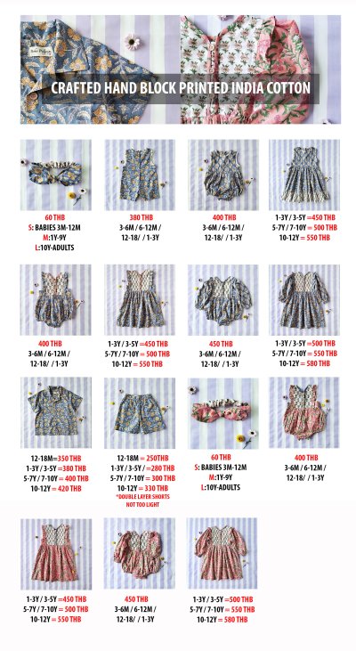 PRICE AND SIZE CHART