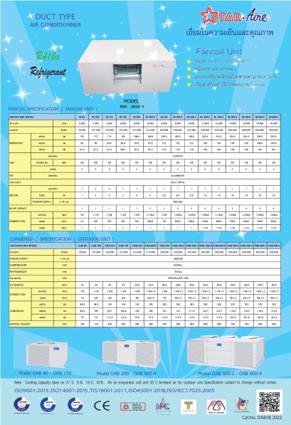 IB 80-600-4 R410a Catalog โบรชัวร์แอร์ดักส์ DUCT TYPE STAR-AIRE รุ่น IB80-600-4