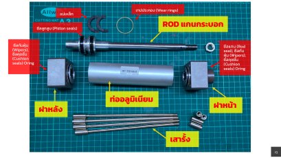 ลนิวเมติก ประเภทต่าง ๆ ซีลลูกสูบ (Piston seals), ซีลแกน (Rod seals), ซีลกันฝุ่น (Wipers), ซีลคุชชั่น (Cushion seals) และ เทปกันสึก (Wear rings)