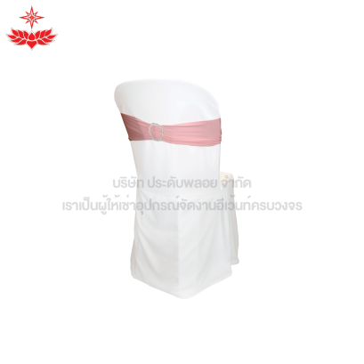 เก้าอี้พลาสติกสวมผ้าขาว + โบว์สีชมพูวงกลม