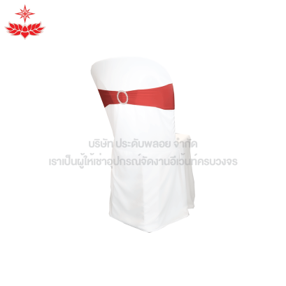 เก้าอี้พลาสติกสวมผ้าขาว + โบว์สีแดงวงกลม