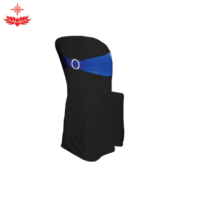 เก้าอี้พลาสติกสวมผ้าดำ + โบว์สีน้ำเงินวงกลม