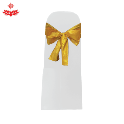 เก้าอี้บุนวมผ้าขาวสวมตึง + โบว์สีเหลือง