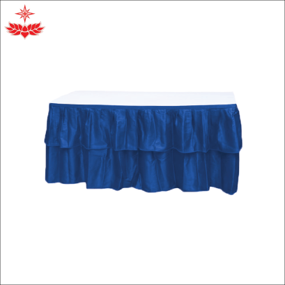 โต๊ะหน้าขาว 1.8x0.75/1.8x0.60 เมตร คลุมผ้าจีบสีน้ำเงิน