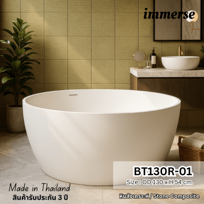 อ่างอาบน้ำหรูหราสไตล์โมเดิร์นตั้งอยู่กลางห้องน้ำที่ตกแต่งด้วยหินอ่อนสีขาวผสมสีเทาอ่อน เฟอร์นิเจอร์รอบข้างใช้โทนมินิมอลสะอาดตา เพดานมีโคมไฟคริสตัลส่องแสงอบอุ่น ช่วยสร้างบรรยากาศผ่อนคลายราวกับสปาในโรงแรมห้าดาว เหมาะสำหรับผู้ที่ต้องการความหรูหราและทันสมัยในบ