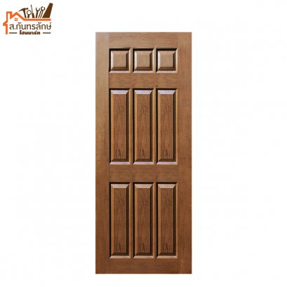 ประตูพีวีซี 80x200 ลูกฟัก 9 ลูก A9 ช้างดอกบัว สีไม้สักทอง
