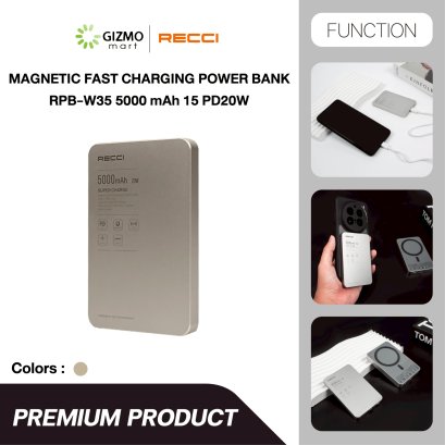 Recci Magnetic Powerbank พาวเวอร์แบงค์ 5000mAh รุ่น RPB-W35 สี Titanium Gold