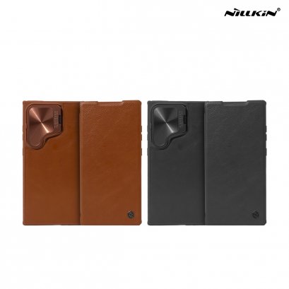 Nillkin Qin Prop Leather เคสหนัง ฝาพับ มีที่ปิดเลนส์ ขาตั้ง เก็บบัตรได้เยอะ รุ่น S24 Ultra ดำ/น้ำตาล