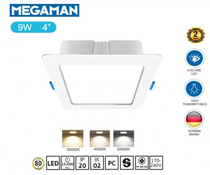 โคมไฟ Downlight  LED Panel 9W สี่เหลี่ยม ฝังฝ้า ขอบขาว (4 นิ้ว รุ่นประหยัด Driver ในตัว )