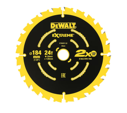 DEWALT รุ่น DT90260-QZ ชุดใบเลื่อยวงเดือน EXTREME® 2X LIFE ขนาด 184 มม. x 24/40 ฟัน (รูเพลา 16/20 มม.) (แพ็ค 2 ใบ)