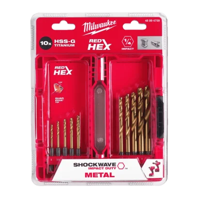 Milwaukee - 48-89-4859 ชุดดอกเจาะเหล็กไทเทเนี่ยม Red Hex HSS-G Titanium (10ดอก)