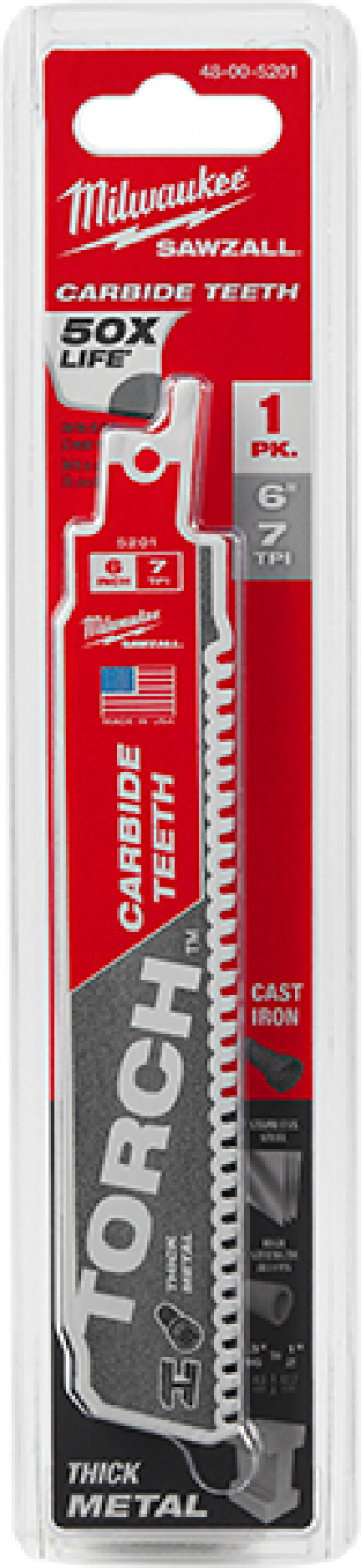 Milwaukee 48-00-5201 ใบเลื่อยชักตัดโลหะ 6&quot; ฟันคาร์ไบด์ 7 TPI (1 ใบ)