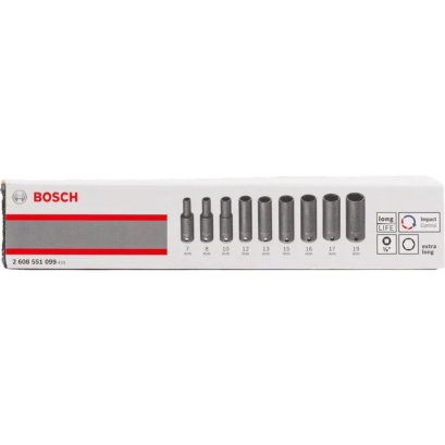 Bosch รุ่น ชุดลูกบล็อก 9 ชิ้น 3/8 นิ้ว ความยาว 63 มม. ความกว้าง 7, 8, 10, 12, 13, 15, 16, 17, 19 มม. (2608551099)